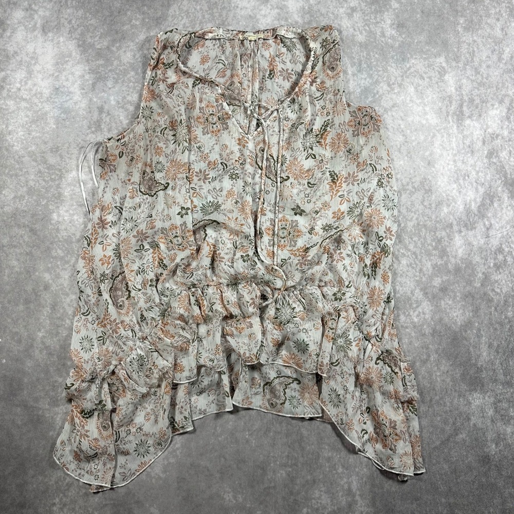 Mystree Womens Large Floral Paisley Ruffle Hem Tie Neck Sleeveless Boho Blouse